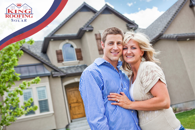 Happy homeowner standing next to a beautiful new roofing in Corsicana, Texas.